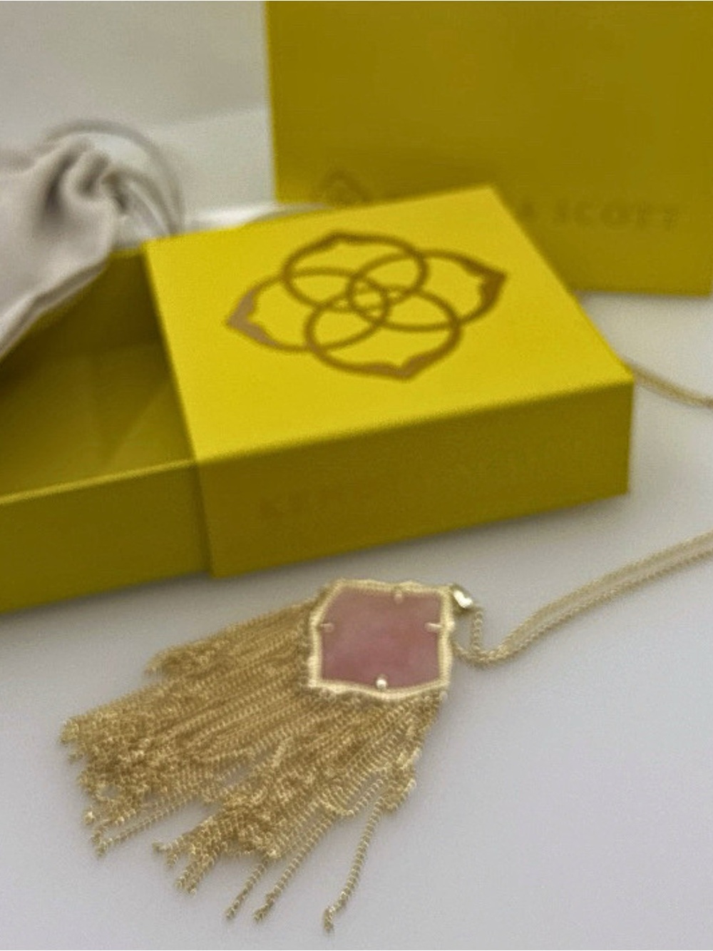 Kendra Scott Kingston Gold Long Pendant Necklace Pink Rose Quartz Gift Set